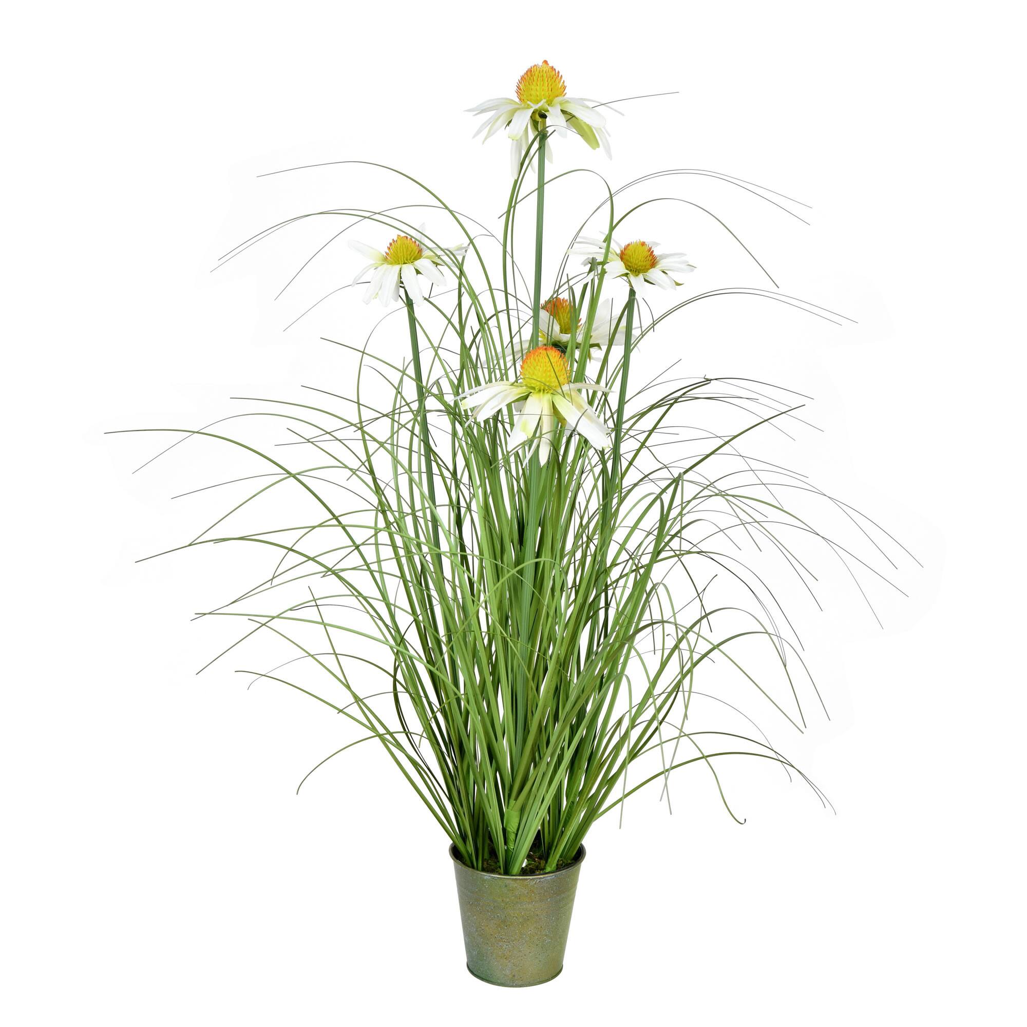 Artificial Green Grass & Daisies in Iron Pot